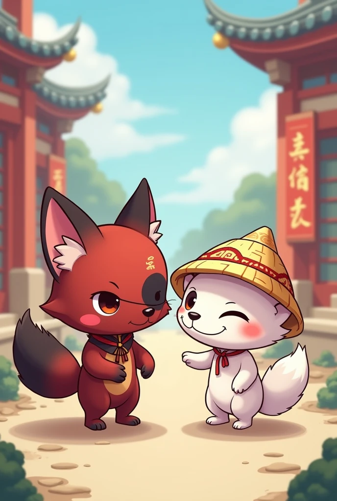 A chibi anime cartoon drawing of a small white ferret wearing a Chinese straw hat, with white bands around the front legs and one around the neck. Alongside a dark red fox wearing a black eye patch on its left eye.
