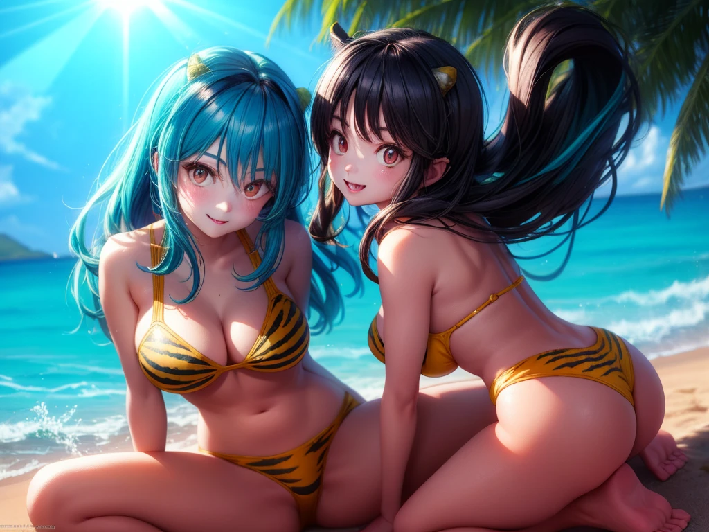 Ram-chan,invader,Very tiny tiger stripe bikini, There are so many horizontal stripes in bikinis,Face forward and spread your legs wide., Big Ass,Resort Beach, sun, Highest quality, High definition, Variegated eyes, Beautiful Eyes, beautiful girl, Large Breasts, blush,（Two small demon horns on the head）,Sunlight shining from the front,Big Breasts,The swimsuit is digging in.Has horns on its head,smile,Hair is turquoise blue,Slightly protruding fangs from the mouth.,