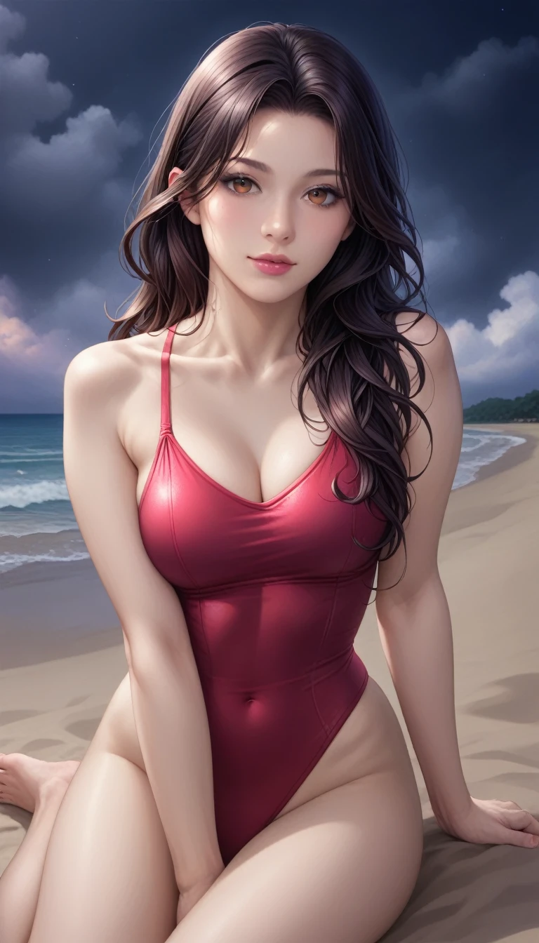 score_9, score_8_superior, score_7_superior, High-resolution CG illustration,A masterpiece in 32K resolution,Highest quality,it is really amazing,Very detailed,Ultra-high resolution,Ultra-realistic,Realistic,Increased depth of field,Cinematic lighting,
Sexy mature Japan woman,
Straight long hair with black hair,Ultra-detailed and beautiful face,Calm and gentle look,Beautiful brown eyes,Translucent white skin,Realistic skin texture,Great proportions,
Elegant red swimsuit,
Simple design,Chic color scheme based on red,Detailed fabric texture,
(Dark overcast sky on a dull night:1.1),(Dark clouds filling the sky:1.1),Thundercloud,Coastline at night,Stormy seas,delay々A desolate sandy beach that continues,
(Sitting with my feet stretched out on the sand:1.2),High angle,