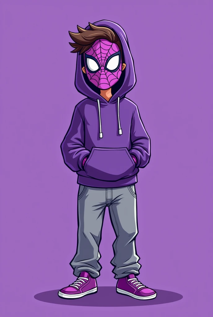 cartoon male drawing with a purple spiderman mask, with gray loose pants and purple shoes, purple hoodie, with a solid purple background