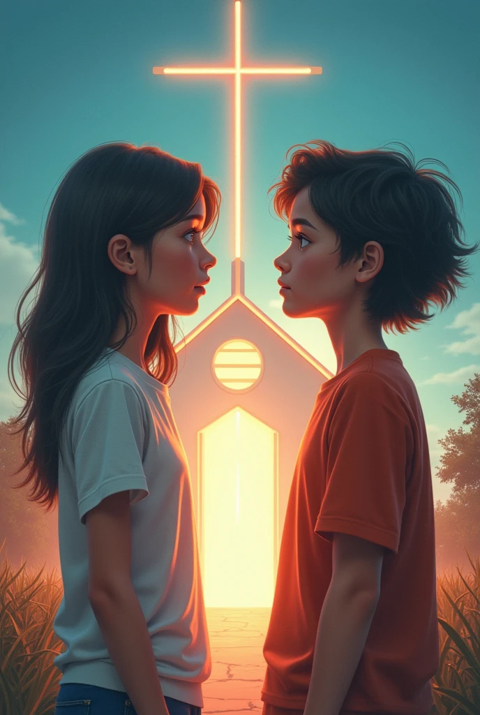 Generate me an image regarding the topic of crossroads for a youth worship service in a church that is youthful and professional., When there are grudges, then there is reconciliation, something more eye-catching and youthful

