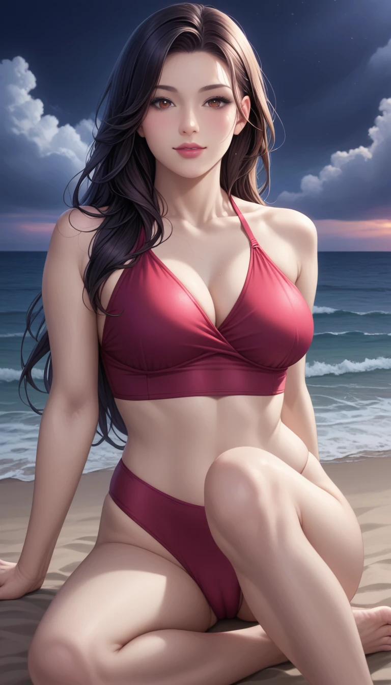 score_9, score_8_superior, score_7_superior, High-resolution CG illustration,A masterpiece in 32K resolution,Highest quality,it is really amazing,Very detailed,Ultra-high resolution,Ultra-realistic,Realistic,Increased depth of field,Cinematic lighting,
Sexy mature Japan woman,
Straight long hair with black hair,Ultra-detailed and beautiful face,Calm and gentle look,Beautiful brown eyes,Translucent white skin,Realistic skin texture,Great proportions,
Elegant red swimsuit,
Simple design,Chic color scheme based on red,Detailed fabric texture,
(Dark overcast sky on a dull night:1.1),(Dark clouds filling the sky:1.1),Thundercloud,Coastline at night,Stormy seas,delay々A desolate sandy beach that continues,
(Sitting with my feet stretched out on the sand:1.2),High angle,