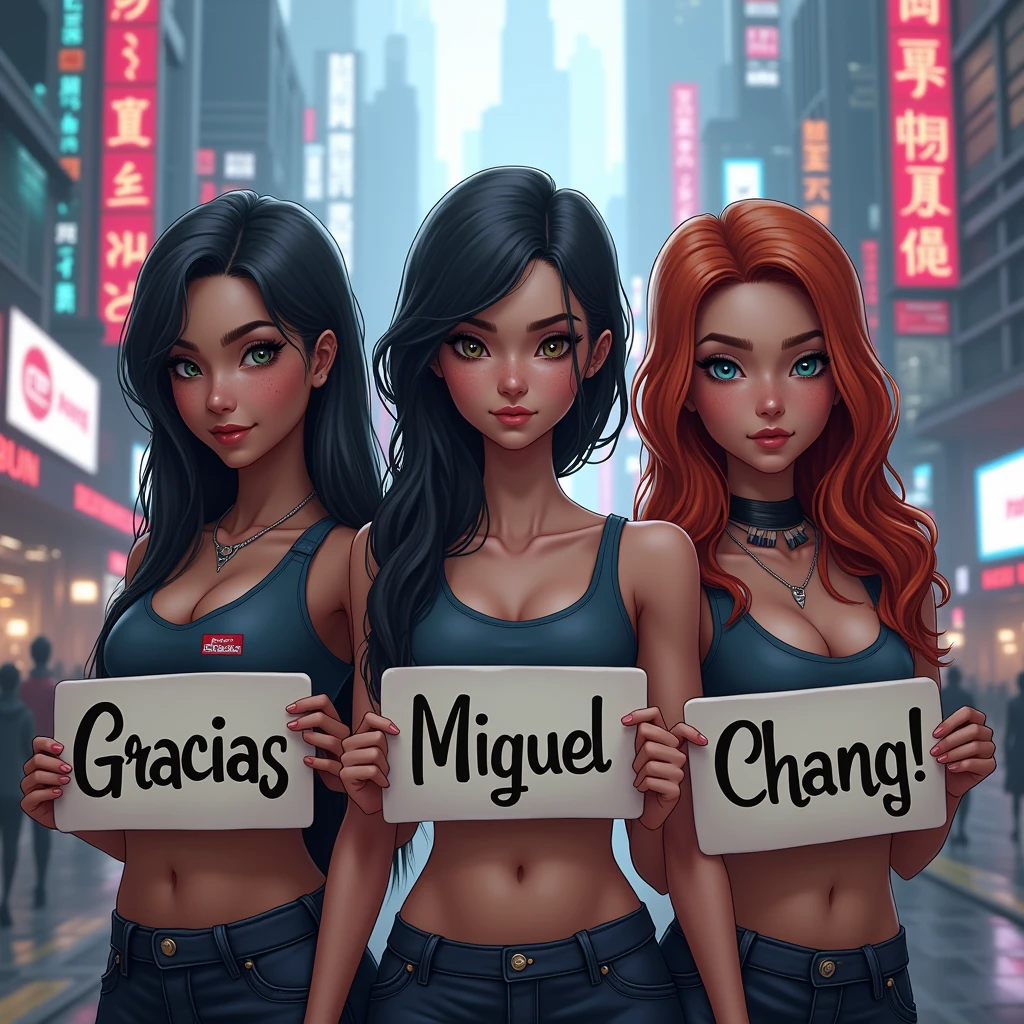 realistic photo of 3 beautiful young women, the first is a young latina with hazel eyes, freckles, long dark straight hair, holding a sign that says "Gracias", the second girl is a young white pale woman with short black hair, blue eyes and freckles, holding a sign that says "Miguel", and the third woman is a young pale white with long curly red head, green eyes, freckles, holding a sign that says "Chang! ♥", all the three are wearing futuristic clothing in a cyberpunk city in the background