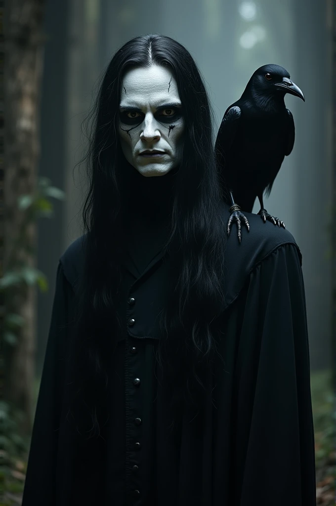 Make me a full-body man with long hair ,black clothing and white paint on his face and a raven on his shoulder