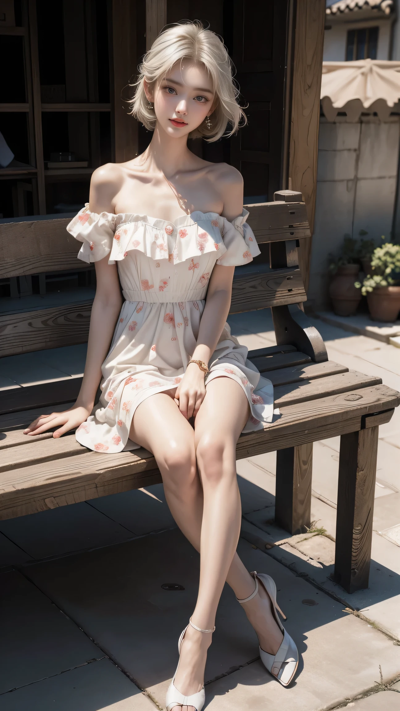 ((A woman sitting on a bench on the balcony of an ancient city)),(Sitting with legs crossed)、(White high heels)Heterochromia of the iris,Silver-haired,High resolution free,(Semi-transparent off-the-shoulder white floral dress)、(Wind blows my skirt)、Highest quality works,Actual work,Ultra Premium Graphics,8K HD CG Works,High Quality Graphics,High-definition CG works,10x pixels,Extremely fine detail:1.1,Advanced Technical Details:1.1 Photorealistic,Natural light:1.5、((Golden White Short Hair))、(Bob Hair)、Thin eyebrows、High nose、Nice red lips、Rose Cheeks、Face with Subtle Makeup、Cute Face、Perfectly balanced face、()、Bright Toned Foundation Enhances Skin Transparency。、、(Off-the-shoulder white floral dress)). 40k、photograph、Tabletop、Highest quality、((1 Beautiful Eyes、bright hair、White skin、 Mr.々Pose。((Medium chest、:1.1))、Highest quality、Tabletop、Ultra-high resolution、(Real:1.4)、RAWphotograph、(Perfect Figure)、(slim:1.3)、Slim abdomen、Perfect slim figure、Dynamic Pose、one person、Cold light 12000K、Very detailed face and skin texture、Fine particles、Realistic eyes、Beautiful Fine particles、(Real skin)、Charm、Ultra-high resolution、surreal、Very detailed、