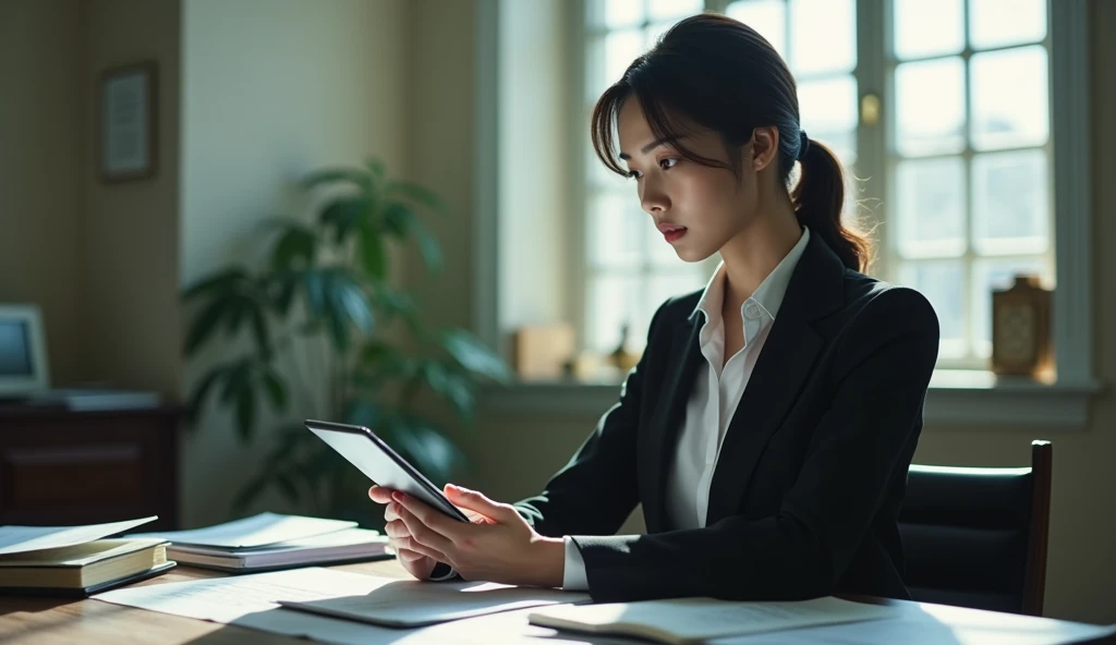 woman in a suit using a tablet computer in a room, working, sun yunjoo, still from a live action movie, park shin hye as a super villain, full device, using a magical tablet, iu lee ji-eun as a super villain, profile pose, [ realistic photo ]!!, shin min jeong, serious business, lazy, elegant look, The girl was sitting gloomily at the table working, on the table there were many documents,