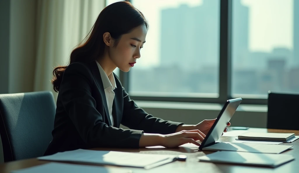 woman in a suit using a tablet computer in a room, working, sun yunjoo, still from a live action movie, park shin hye as a super villain, full device, using a magical tablet, iu lee ji-eun as a super villain, profile pose, [ realistic photo ]!!, shin min jeong, serious business, lazy, elegant look, The girl was sitting gloomily at the table working, on the table there were many documents,