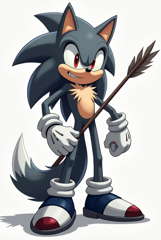 a grey wolf character from Sonic the Hedgehog, arrow in the stomach, Red eyes, white gloves, dark blue and white shoes, smiling,and 2d