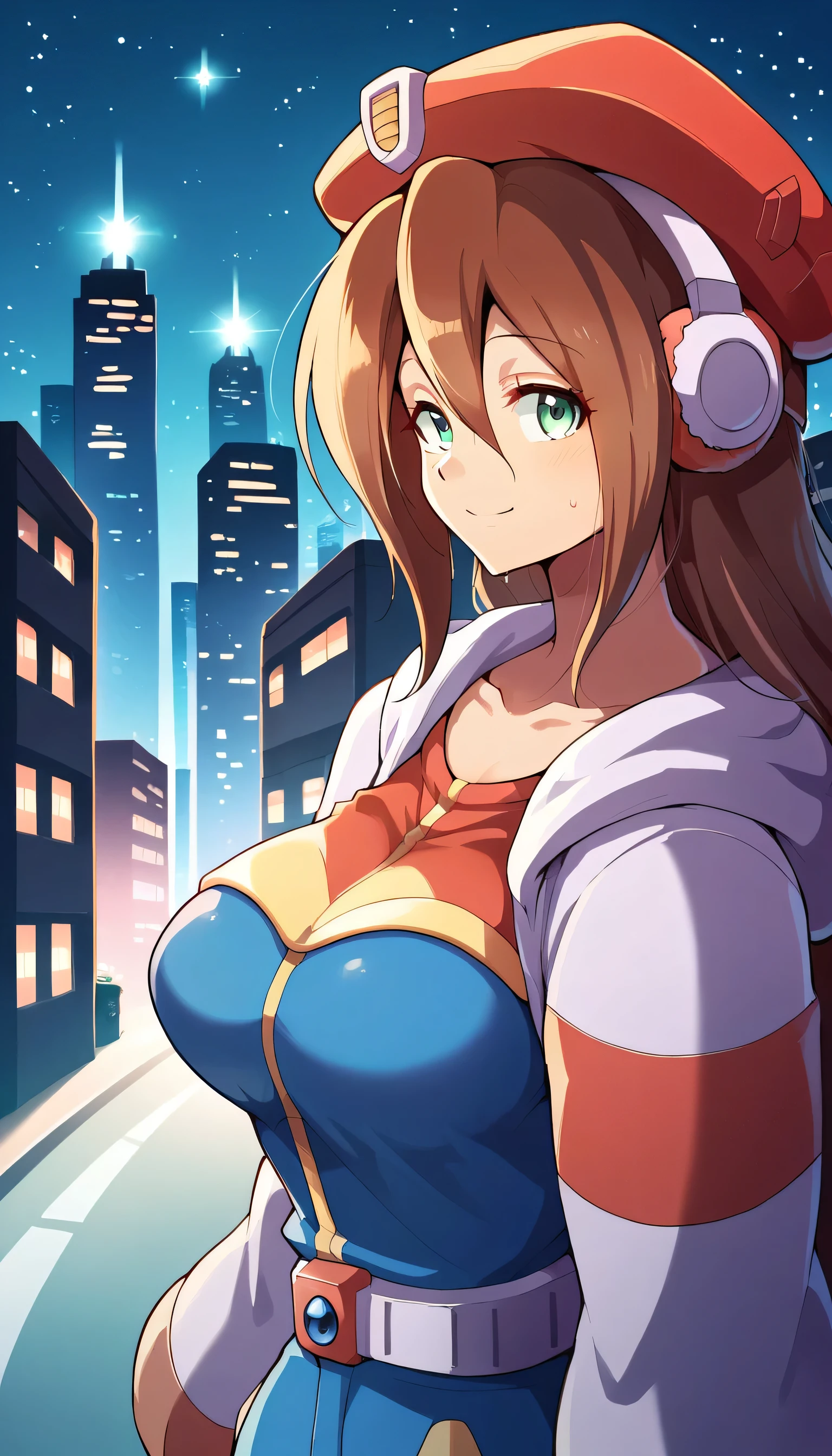 headphones, city, building, skyscraper, cityscape, earmuffs, night, 1girls, female focus, star \(sky\), solo, shoes,  street, city lights, outdoors, sky, hoodie, shorts, starry sky, night sky, sneakers, skyline, hood, road, tower,Looking at the viewer,large breast,breasts, 1girl, breast, solo, smile, sweat, collarbone, upper body, large breasts, close-up,iris \(mega man\)
1girl, long hair, brown hair, hat, green eyes, breasts, beret,  hair between eyes,  red headwear