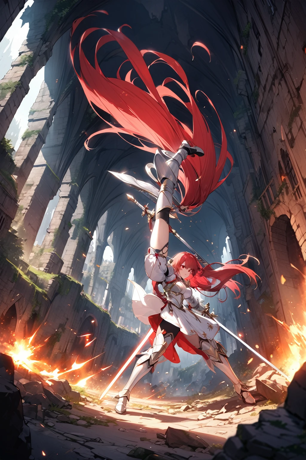 4k,hight resolution,One Woman,Bright red hair,Longhaire,red eyes,knights,white sacred armor,jewel decorations,Big sword,medieval town,furious,((dark cave,ruin place)),dynamic pose,dynamic angle,