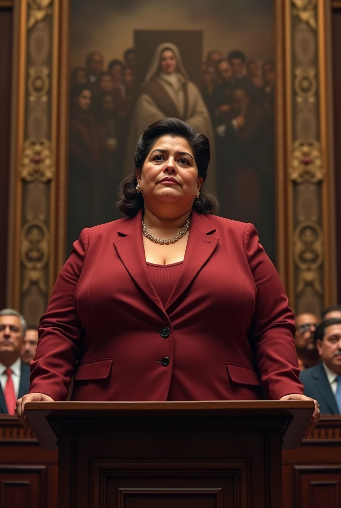 Obese woman with a barrel-shaped body and formal attire speaking at the Guatemalan Congress