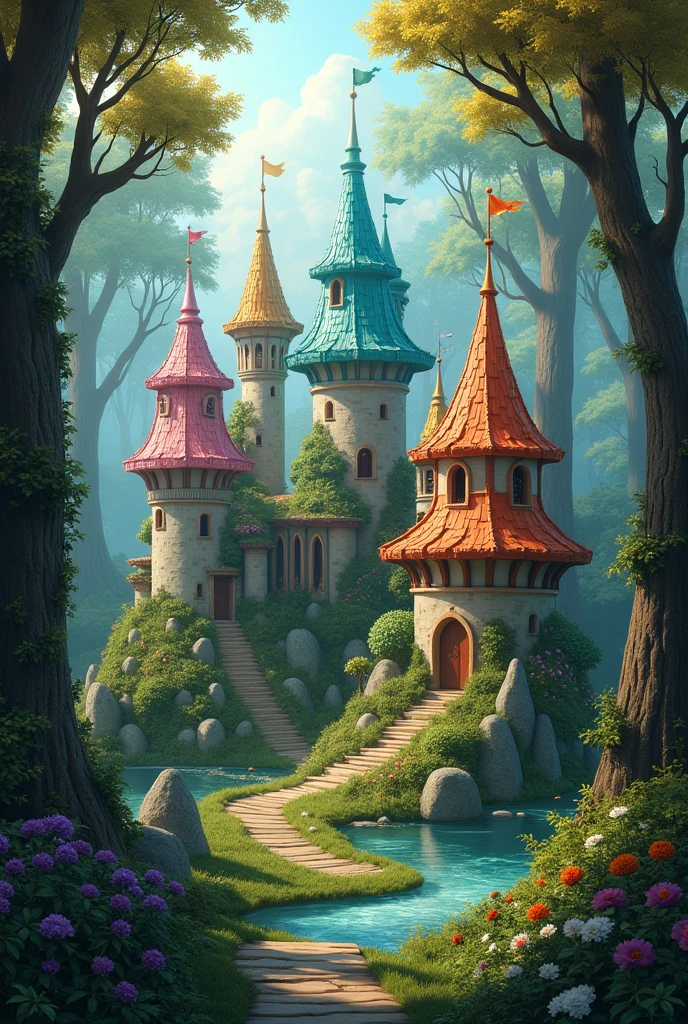 4 castles in the forest with elements that represent the 4 seasons of the year