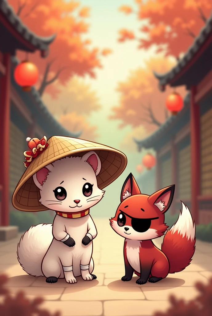 A chibi anime cartoon drawing of a small white ferret wearing a Chinese straw hat, with white bands around the front legs and one around the neck. Alongside a dark red fox wearing a black eye patch on its left eye.