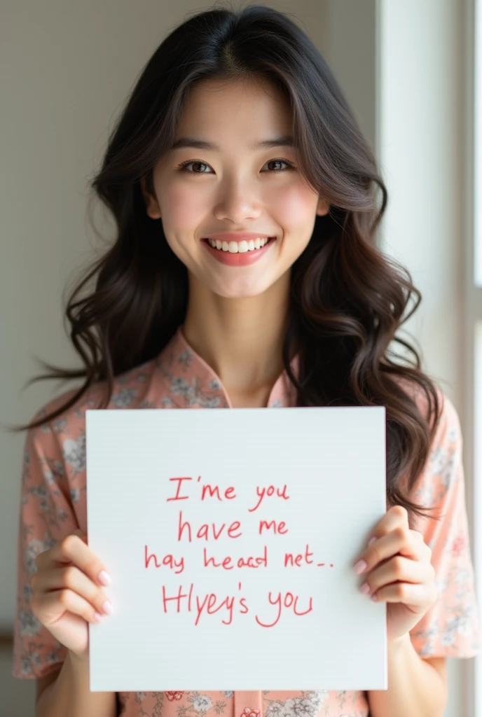 Beautiful girl with wavy long hair, asia dress, big smile, holding a white board with text "I Love AMH very much" and showing it to the viewer