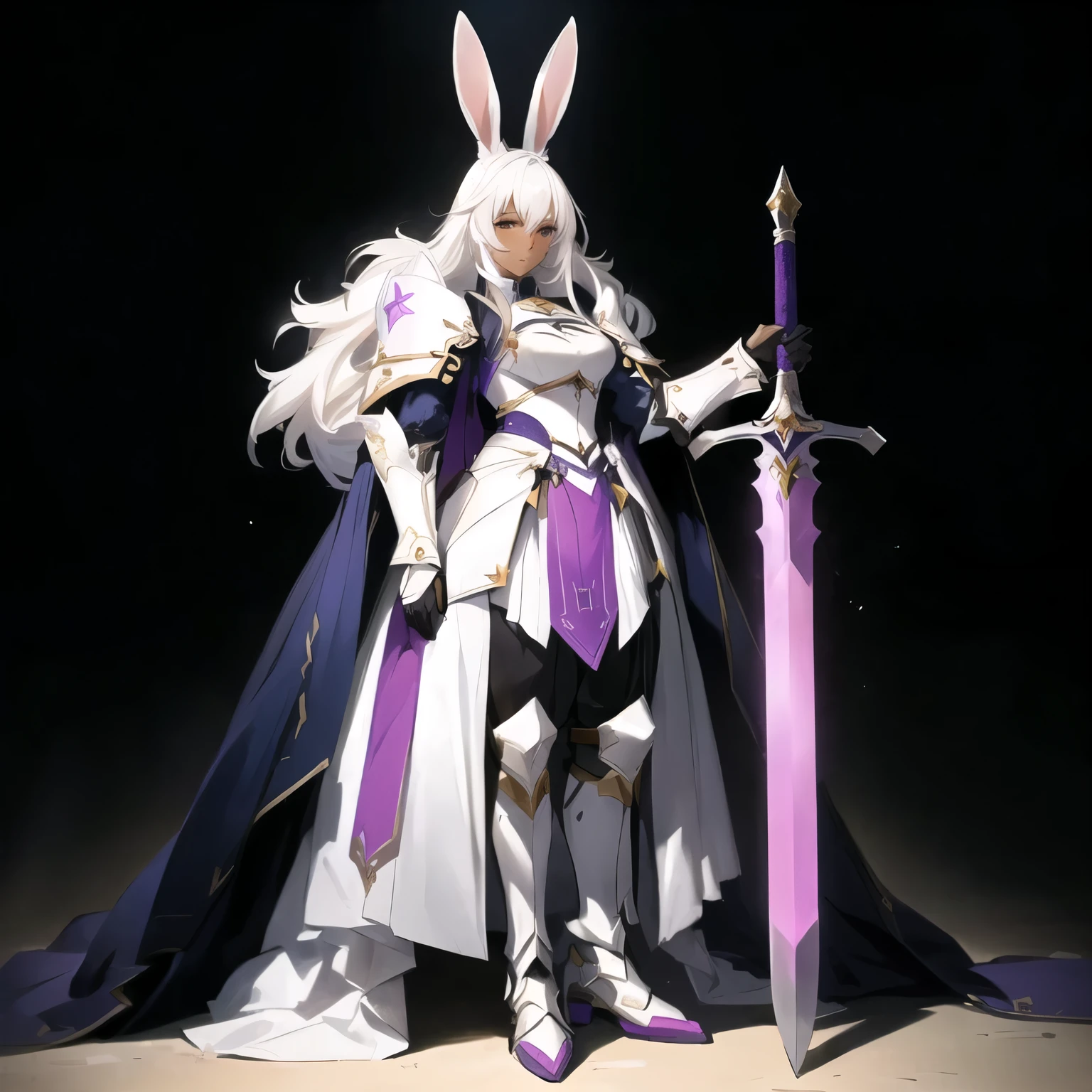 anime character dressed in white and purple outfit holding a sword, rabbt_character, rabbit warrior, cushart krenz key art feminine, official character art, bunny with helmet and sword, full portrait of magical knight, knights of zodiac girl, portrait knights of zodiac girl, ( ( character concept art ) ), from arknights, female knight, epic exquisite character art, dark skin, stoic expression