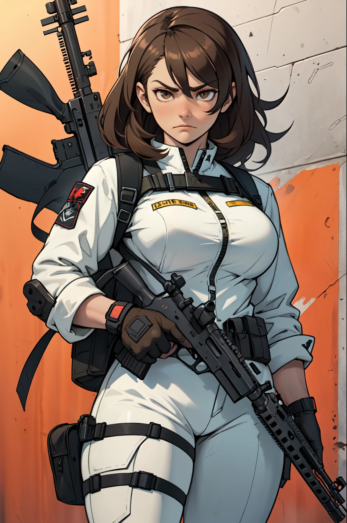 brown hair hazel eyes solo muscular girl toned body perky breasts empty eyes frown thick pale skin shooting range weapon gun firearm tactical gear shooting range weapon gun firearm tactical gear shooting range weapon gun firearm tactical gear