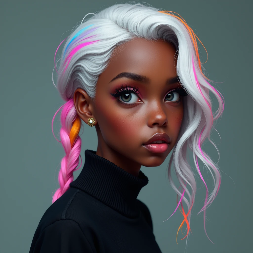 Girl with dark skin and white hair with colorful streaks and black clothes