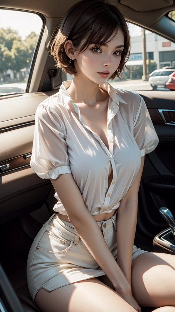 short hair woman, chestnut, with white skin, big breasts, small blouse , sitting in a car