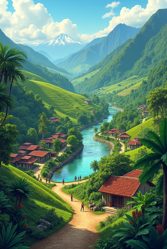 I want you to create a drawing image of an area of Panama, specifically the Chiriqui-Boquete area, that has these geographical factors:
Climate
Soil
Water
Land
Relief
Vegetation
Other factors:
Health
Security
Economy
Education
Public services
Transportation