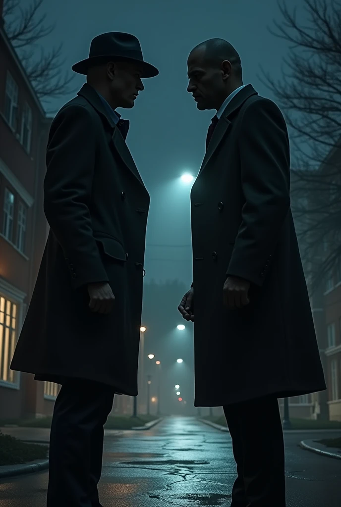 Preview the final confrontation between the detective and the killer at the university. The scene takes place at night, with shadows and lights projected on the walls. Convey tension and drama as the two characters face the truth.