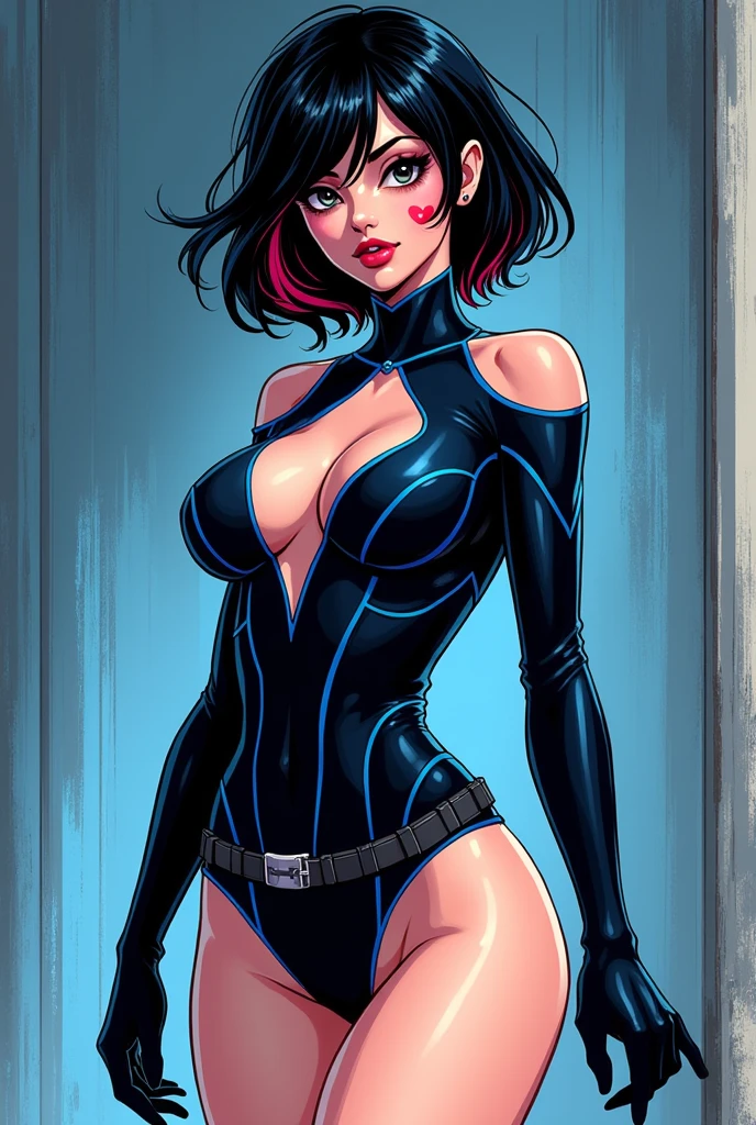  pretty Woman, black hair, a strand of pastel red hair, black eyes, clear thesis, a small red heart on the right cheek, comic-style image, shoulder length hair, medium breasts, dressed in a suit that reaches her chest and crotch, swimsuit style, The black suit with navy blue combinations, bare legs, on the edge of the suit blue lines, belt on the hip, costume inspired by the hero Nightwing from DC comics