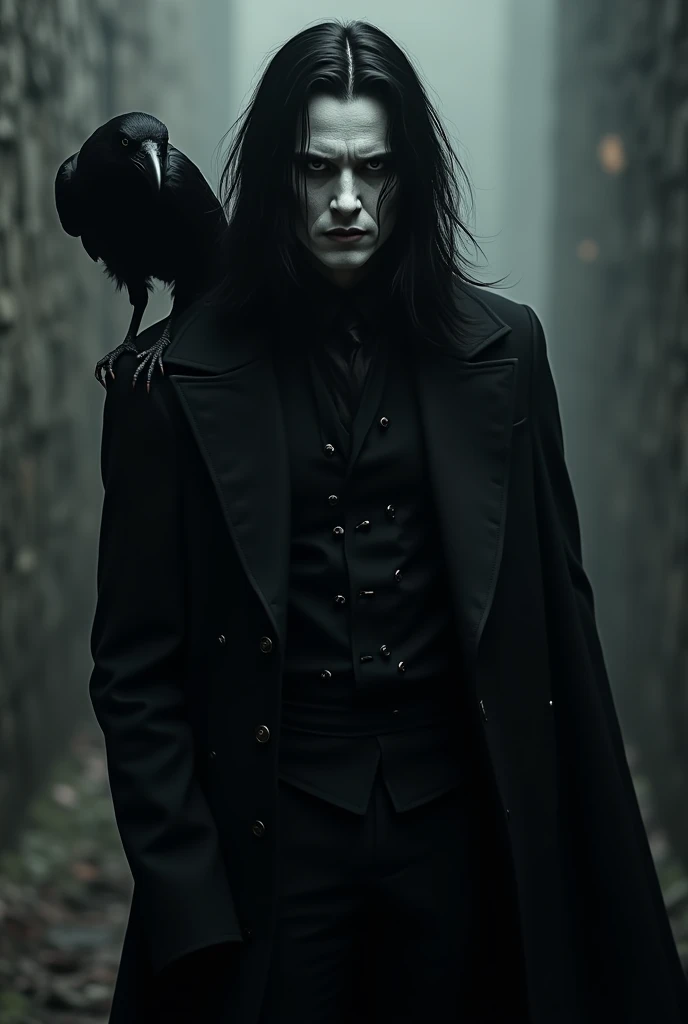 Make me a full-body man with long hair ,Black clothing and white paint on his face, a raven on his shoulder, and attractive