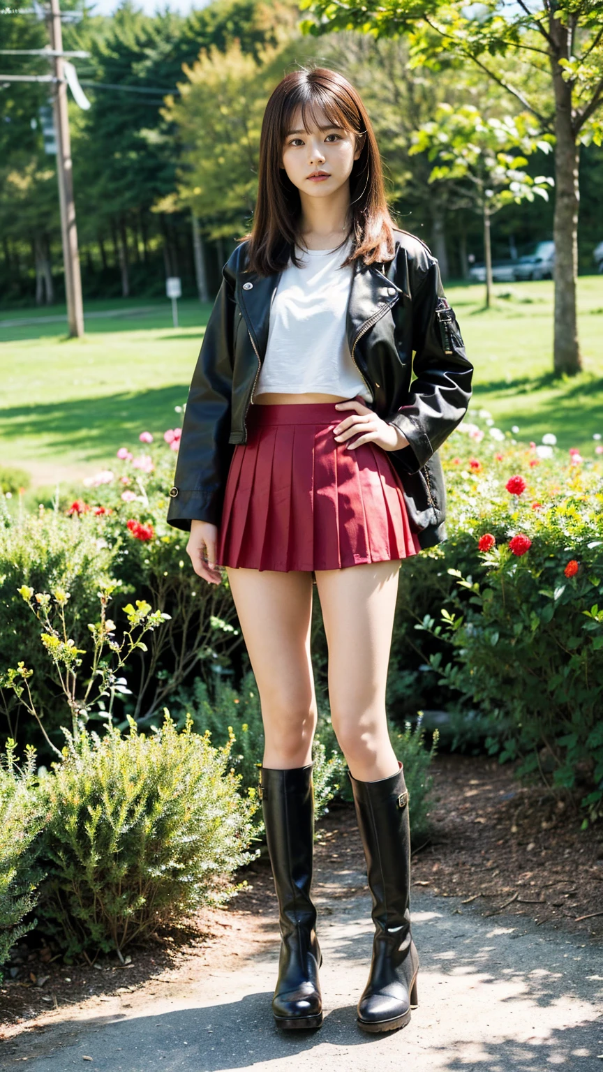 (8k、RAW Photos、Highest quality、masterpiece:1.2)、(Realistic、Realistic)、1 person、((Red mini skirt、Black jacket、、boots、whole body、Check mini skirt、garden、View from the front、Looking into the camera、Hands on your hips))、cute