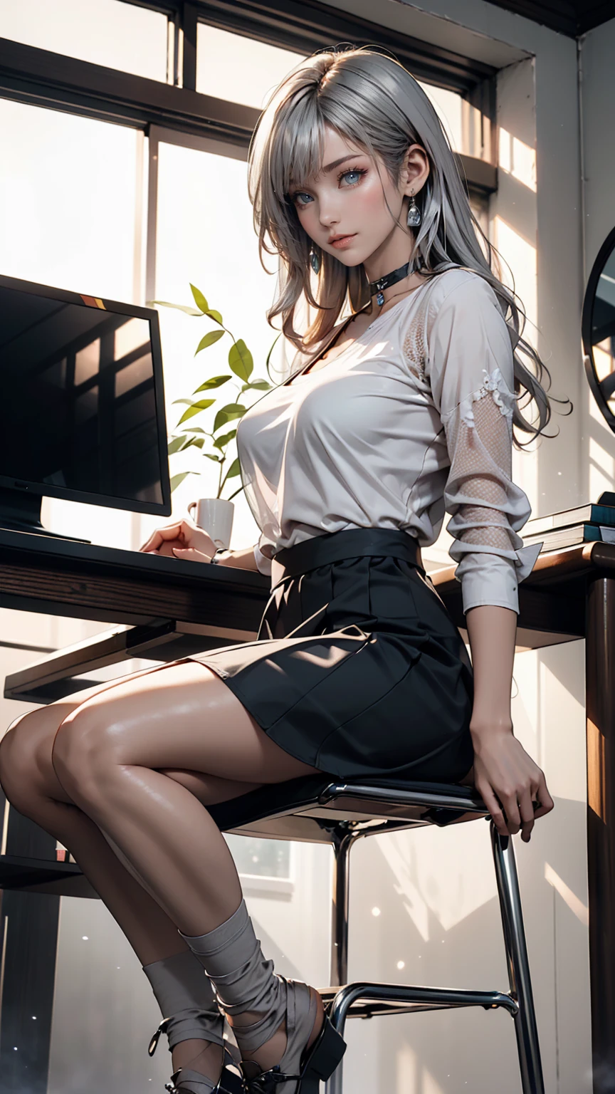 She is sitting on a chair wearing a black dress., Korean female fashion model, Transparent grey skirt, mesh shirt, Chrome Clothing, Shiny silver, It&#39;s lucky that, Big Breasts, Highest quality, masterpiece, Ultra-high resolution, Realistic,choker、Silver accessories on the wrist