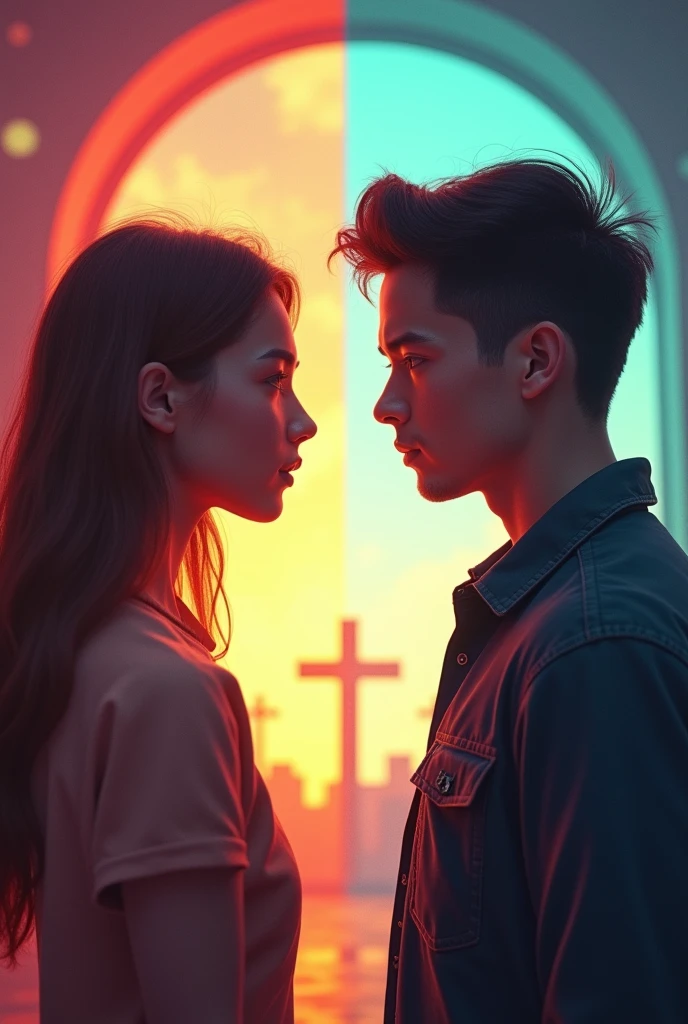 Generate me an image regarding the topic of crossroads for a youth worship service in a church that is youthful and professional., When there are grudges, then there is reconciliation, something more eye-catching and youthful