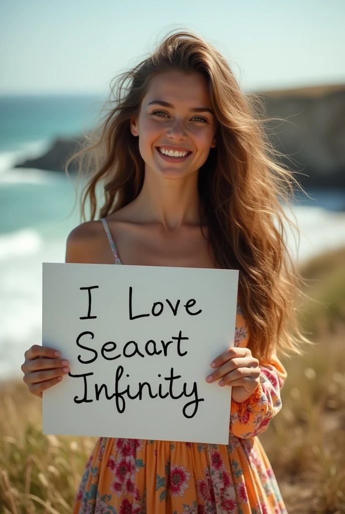 Beautiful girl with wavy long hair, bohemian dress, holding a white board with text "I Love Seaart Infinity" and showing it to the viewer