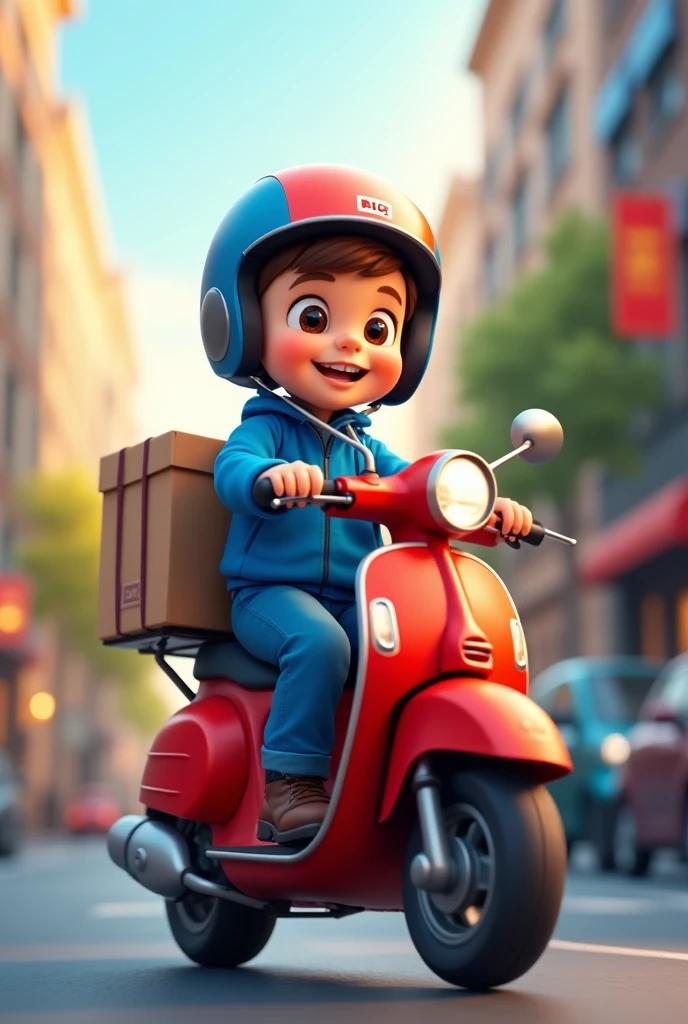 A young, hardworking boy in a blue and red uniform, happily riding a red motorcycle with a helmet and delivery box on the back