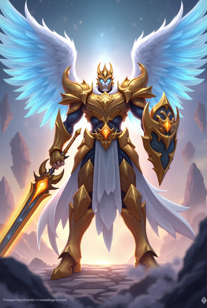 Create an image of a Celestial Guardian hero from Mobile Legends. The character should be tall and imposing, wearing gold-plated armor that emits a soft, celestial light. They have large, angelic wings made of pure energy, shimmering with blue and white hues. The hero wields a massive, glowing sword in one hand and a shield with a celestial emblem in the other. Their helmet is adorned with a crown-like structure that radiates light, and their eyes shine with a divine glow. The background should be an ethereal, heavenly landscape with floating islands, glowing pillars of light, and a sky full of ling stars
