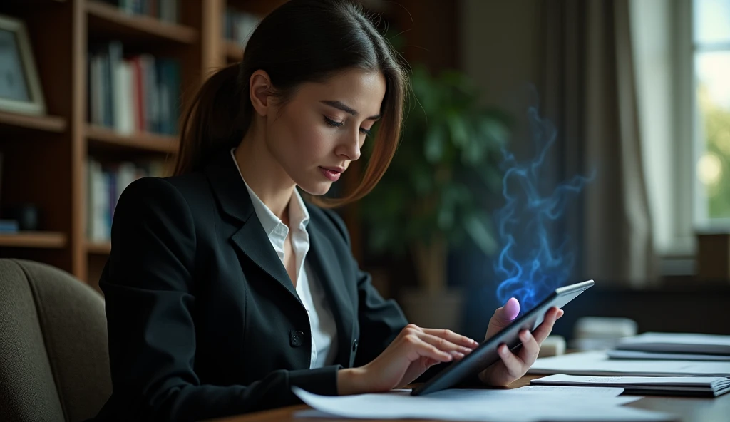 woman in a suit using a tablet computer in a room, working, sun yunjoo, still from a live action movie, park shin hye as a super villain, full device, using a magical tablet, iu lee ji-eun as a super villain, profile pose, [ realistic photo ]!!, shin min jeong, serious business, lazy, elegant look, The girl was sitting gloomily at the table working, on the table there were many documents,