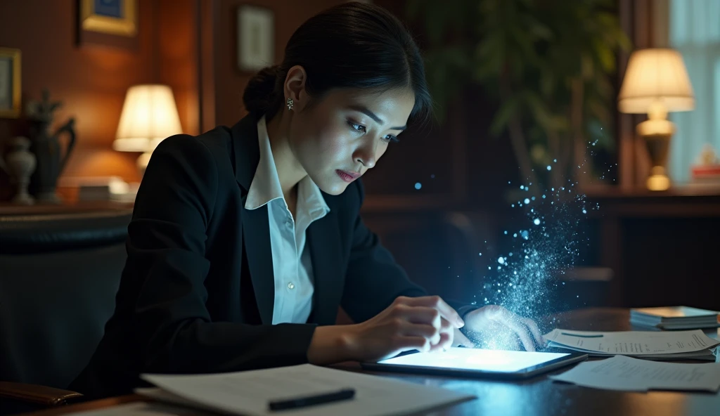 woman in a suit using a tablet computer in a room, working, sun yunjoo, still from a live action movie, park shin hye as a super villain, full device, using a magical tablet, iu lee ji-eun as a super villain, profile pose, [ realistic photo ]!!, shin min jeong, serious business, lazy, elegant look, The girl was sitting gloomily at the table working, on the table there were many documents,
