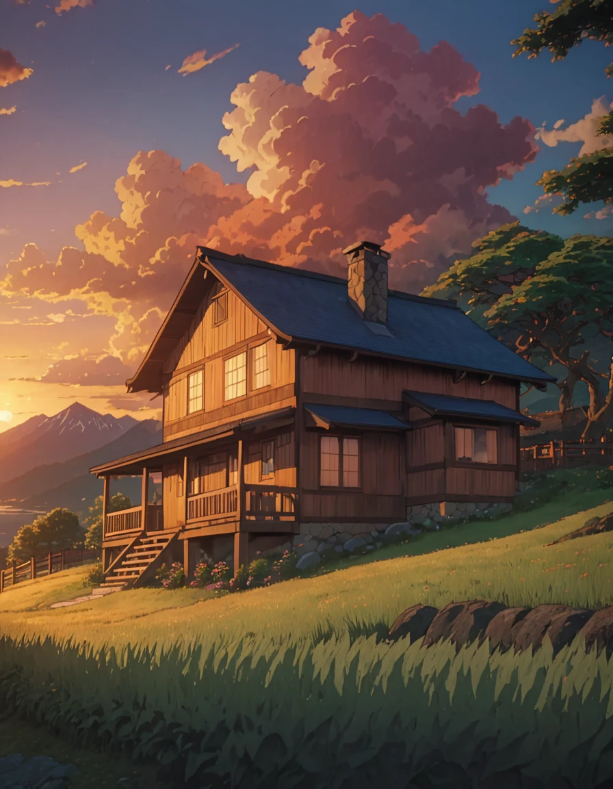 masterpiece!!!! 8k an anime GHIBLI STYLE cabin!!!!! The image shows a cozy cabin with a tree and mountains in the background, against a sky with clouds and a sunset.