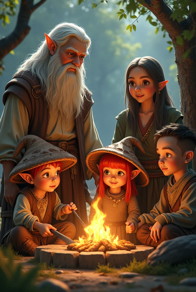 tall elf with white hair and brown eyes, with peasant clothes next to a little elf girl with short red hair and bangs, golden eyes and pointy ears, wearing a mushroom hat, clerical robes with details, alongside them a human wizard with long white hair and a magic sword and next to him a bald human monk boy with tattoos on his arms, I want the four of them eating around a bonfire