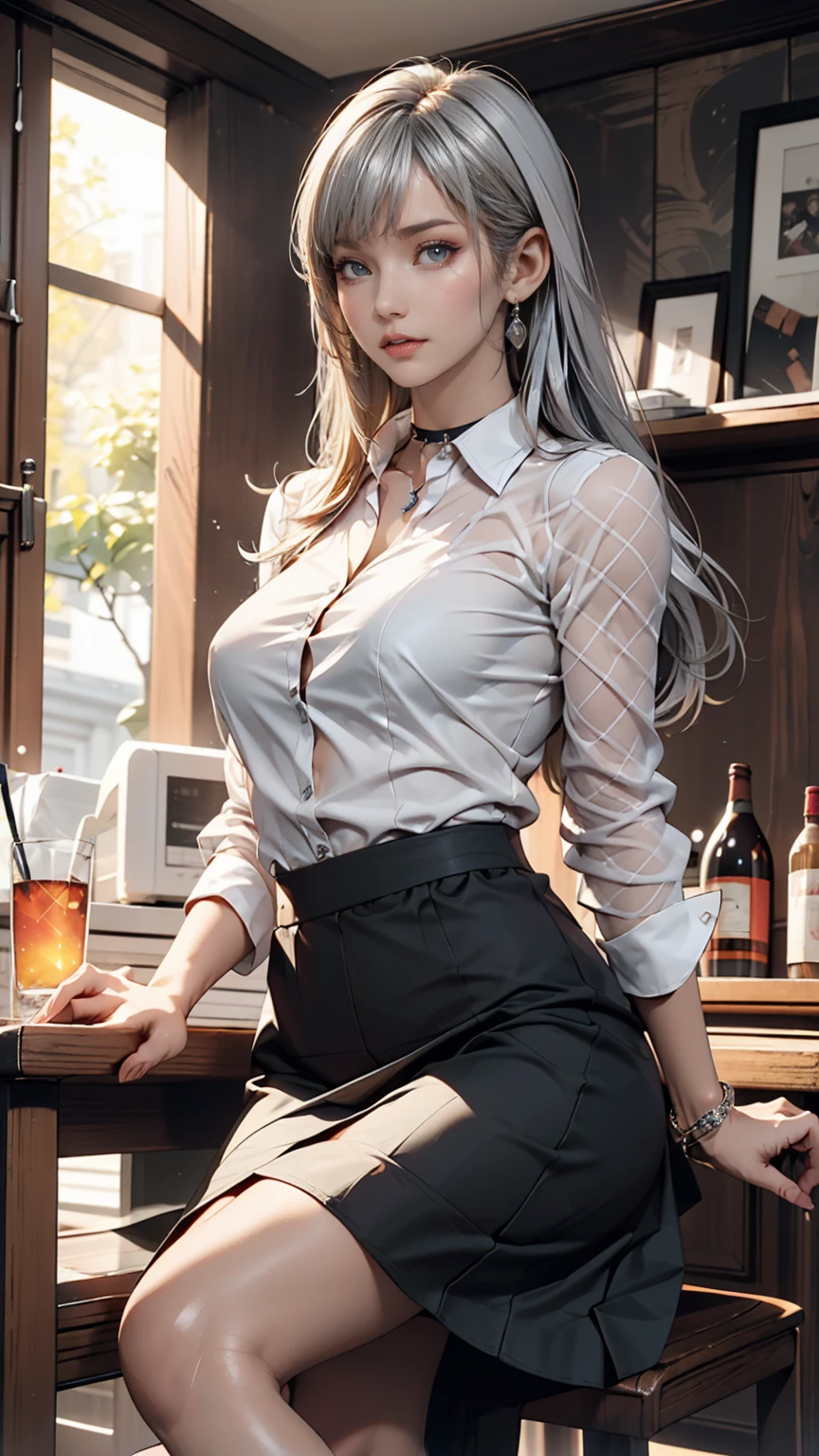 She is sitting on a chair wearing a black dress., Korean female fashion model, Transparent grey skirt, mesh shirt, Chrome Clothing, Shiny silver, It&#39;s lucky that, Big Breasts, Highest quality, masterpiece, Ultra-high resolution, Realistic,choker、Silver accessories on the wrist