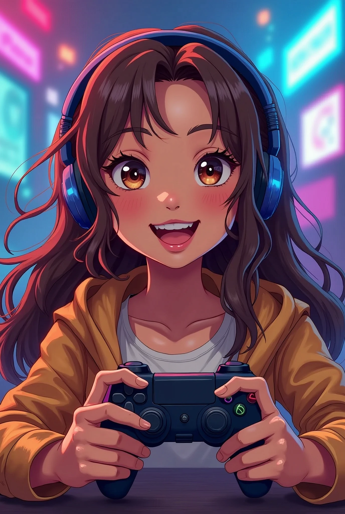 A beautiful and cute girl, s old young girl with long, wavy brown hair and tanned skin. She has brown light eyes. She is smiling brightly, showing his teeth. SHe is wearing gamming aesthetics, holding a joystick and with headphones. Character should be colorful and have a funny, friendly look, with exaggerated, expressive features. Big expressive eyes and smiling mouth. Joyful, Happy, Anime illustration, Realistic, oil