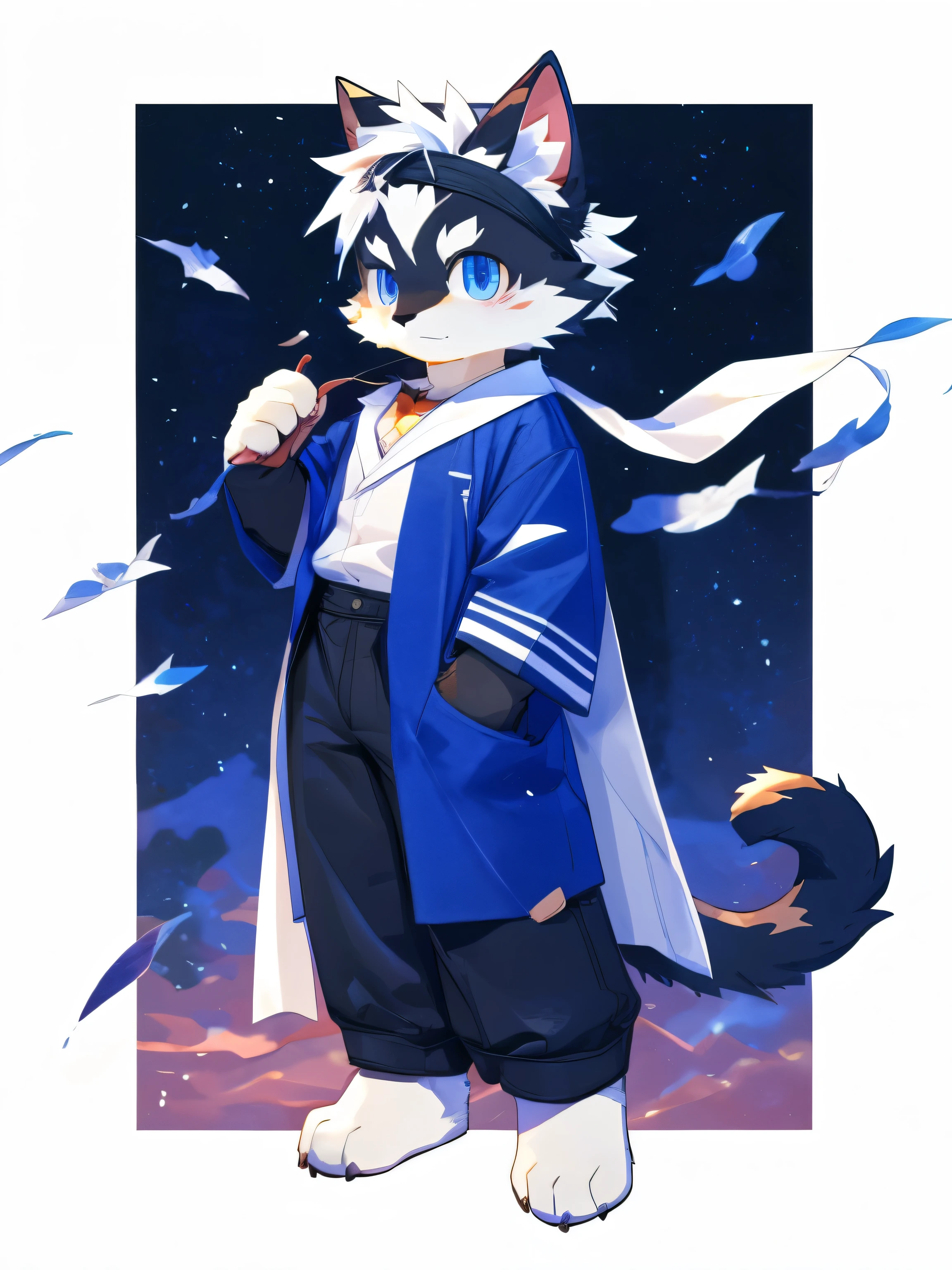 nj5furry，kemono，full-length portrait，anthro，hi res，male，White hair，Black Cat，Headband，bandage，White cape，strong，Fluffy hair，Plush paw，A tail，Delicate eyes，Detailed eyes