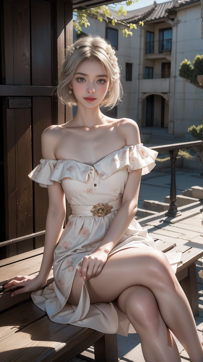 ((A woman sitting on a bench on the balcony of an ancient city)),(Sitting with legs crossed)、(White high heels)Heterochromia iridis,Silver-haired,High resolution free,(半透明Off-the-shoulder white floral dress)、(Wind blows my skirt)、Highest qualityの作品,Actual work,Ultra Premium Graphics,8K HD CG Works,High Quality Graphics,High-definition CG works,10x pixels,Extremely fine detail:1.1,Advanced Technical Details:1.1 Photorealistic,Natural light:1.5、((Golden White Short Hair))、(Bob Hair)、Thin eyebrows、High nose、Nice red lips、Rose Cheeks、Face with Subtle Makeup、Cute Face、Perfectly balanced face、()、Bright Toned Foundation Enhances Skin Transparency。、、(Off-the-shoulder white floral dress)). 40k、photograph、Tabletop、Highest quality、((1 Beautiful Eyes、bright hair、White skin、 Mr.々Pose。((Medium chest、:1.1))、Highest quality、Tabletop、Ultra-high resolution、(Real:1.4)、RAWphotograph、(Perfect Figure)、(slim:1.3)、slimな腹部、パーフェクトslimフィギュア、Dynamic Pose、One person、Cold light 12000K、Very detailedな顔と肌の質感、Fine particles、Realな目、美しいFine particles、(Realな肌)、Charm、Ultra-high resolution、Surreal、Very detailed、