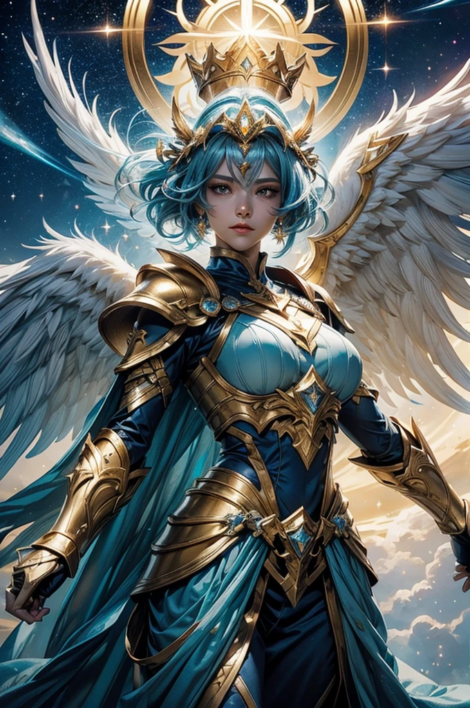 Create an image of a Celestial Guardian hero from Mobile Legends. The character should be tall and imposing, wearing gold-plated armor that emits a soft, celestial light. They have large, angelic wings made of pure energy, shimmering with blue and white hues. The hero wields a massive, glowing sword in one hand and a shield with a celestial emblem in the other. Their helmet is adorned with a crown-like structure that radiates light, and their eyes shine with a divine glow. The background should be an ethereal, heavenly landscape with floating islands, glowing pillars of light, and a sky full of twinkling stars