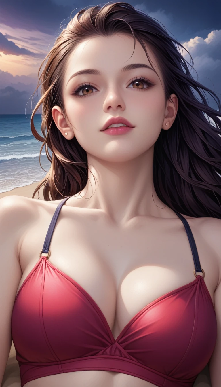 score_9, score_8_superior, score_7_superior, High-resolution CG illustration,A masterpiece in 32K resolution,Highest quality,it is really amazing,Very detailed,Ultra-high resolution,Ultra-realistic,Realistic,Increased depth of field,Cinematic lighting,
Sexy mature Japan woman,
Straight long hair with black hair,Ultra-detailed and beautiful face,Calm and gentle look,Beautiful brown eyes,Translucent white skin,Realistic skin texture,Great proportions,
Elegant red swimsuit,
Simple design,Chic color scheme based on red,Detailed fabric texture,
(Dark overcast sky on a dull night:1.1),(Dark clouds filling the sky:1.1),Thundercloud,Coastline at night,Stormy seas,delay々A desolate sandy beach that continues,
(Lying face down on the sand:1.2),High angle,