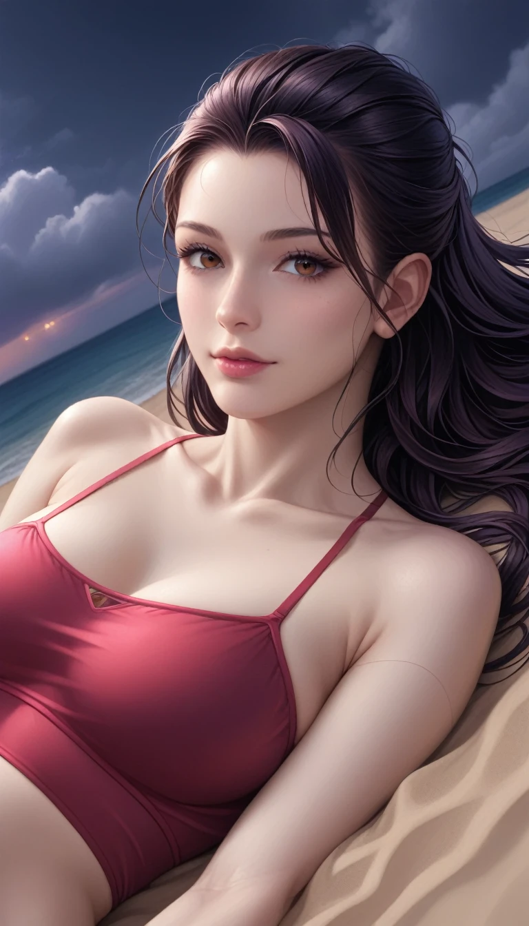 score_9, score_8_superior, score_7_superior, High-resolution CG illustration,A masterpiece in 32K resolution,Highest quality,it is really amazing,Very detailed,Ultra-high resolution,Ultra-realistic,Realistic,Increased depth of field,Cinematic lighting,
Sexy mature Japan woman,
Straight long hair with black hair,Ultra-detailed and beautiful face,Calm and gentle look,Beautiful brown eyes,Translucent white skin,Realistic skin texture,Great proportions,
Elegant red swimsuit,
Simple design,Chic color scheme based on red,Detailed fabric texture,
(Dark overcast sky on a dull night:1.1),(Dark clouds filling the sky:1.1),Thundercloud,Coastline at night,Stormy seas,delay々A desolate sandy beach that continues,
(Lying face down on the sand:1.2),High angle,