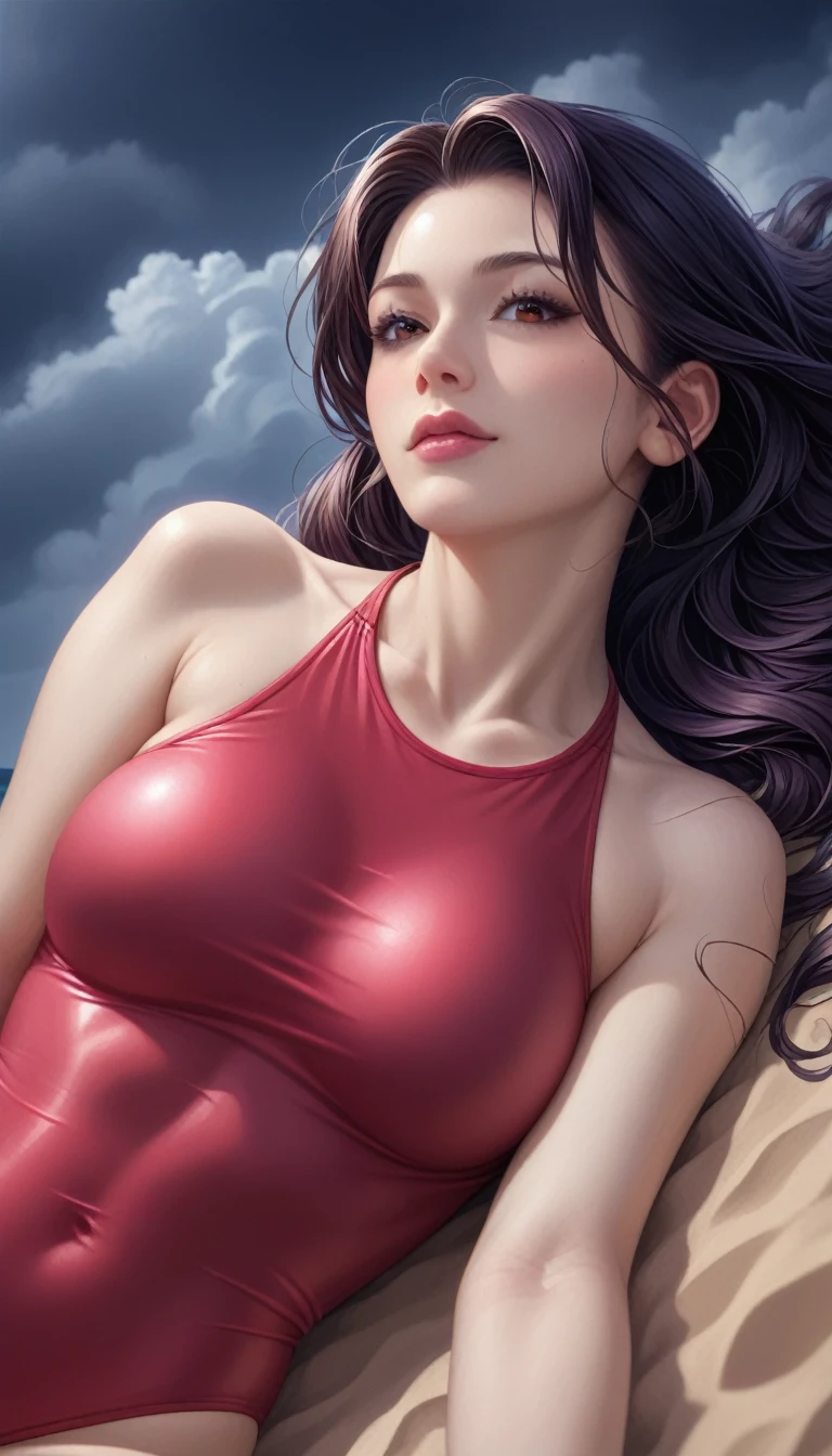 score_9, score_8_superior, score_7_superior, High-resolution CG illustration,A masterpiece in 32K resolution,Highest quality,it is really amazing,Very detailed,Ultra-high resolution,Ultra-realistic,Realistic,Increased depth of field,Cinematic lighting,
Sexy mature Japan woman,
Straight long hair with black hair,Ultra-detailed and beautiful face,Calm and gentle look,Beautiful brown eyes,Translucent white skin,Realistic skin texture,Great proportions,
Elegant red swimsuit,
Simple design,Chic color scheme based on red,Detailed fabric texture,
(Dark overcast sky on a dull night:1.1),(Dark clouds filling the sky:1.1),Thundercloud,Coastline at night,Stormy seas,delay々A desolate sandy beach that continues,
(Lying face down on the sand:1.2),High angle,