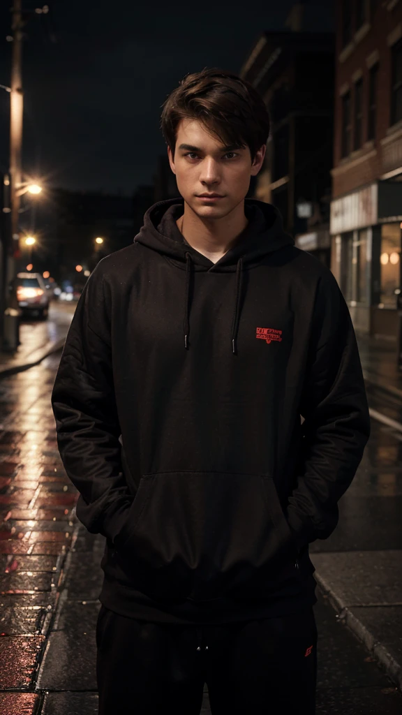 25 year old young man. He has fair skin, short dark brown hair. Red eyes. He's serious. He is wearing a black sweatshirt, and is listening to music with his red headphones. The character must have a dark look. He's standing on the street at night, without much lighting and it's raining. epic realism
