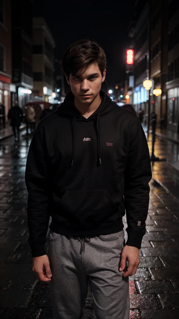 25 year old young man. He has fair skin, short dark brown hair. Red eyes. He's serious. He is wearing a black sweatshirt, and is listening to music with his red headphones. The character must have a dark look. He's standing on the street at night, without much lighting and it's raining. epic realism
