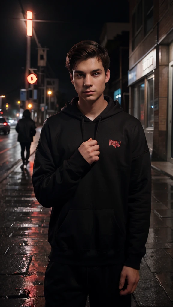 25 year old young man. He has fair skin, short dark brown hair. Red eyes. He's serious. He is wearing a black sweatshirt, and is listening to music with his red headphones. The character must have a dark look. He's standing on the street at night, without much lighting and it's raining. epic realism