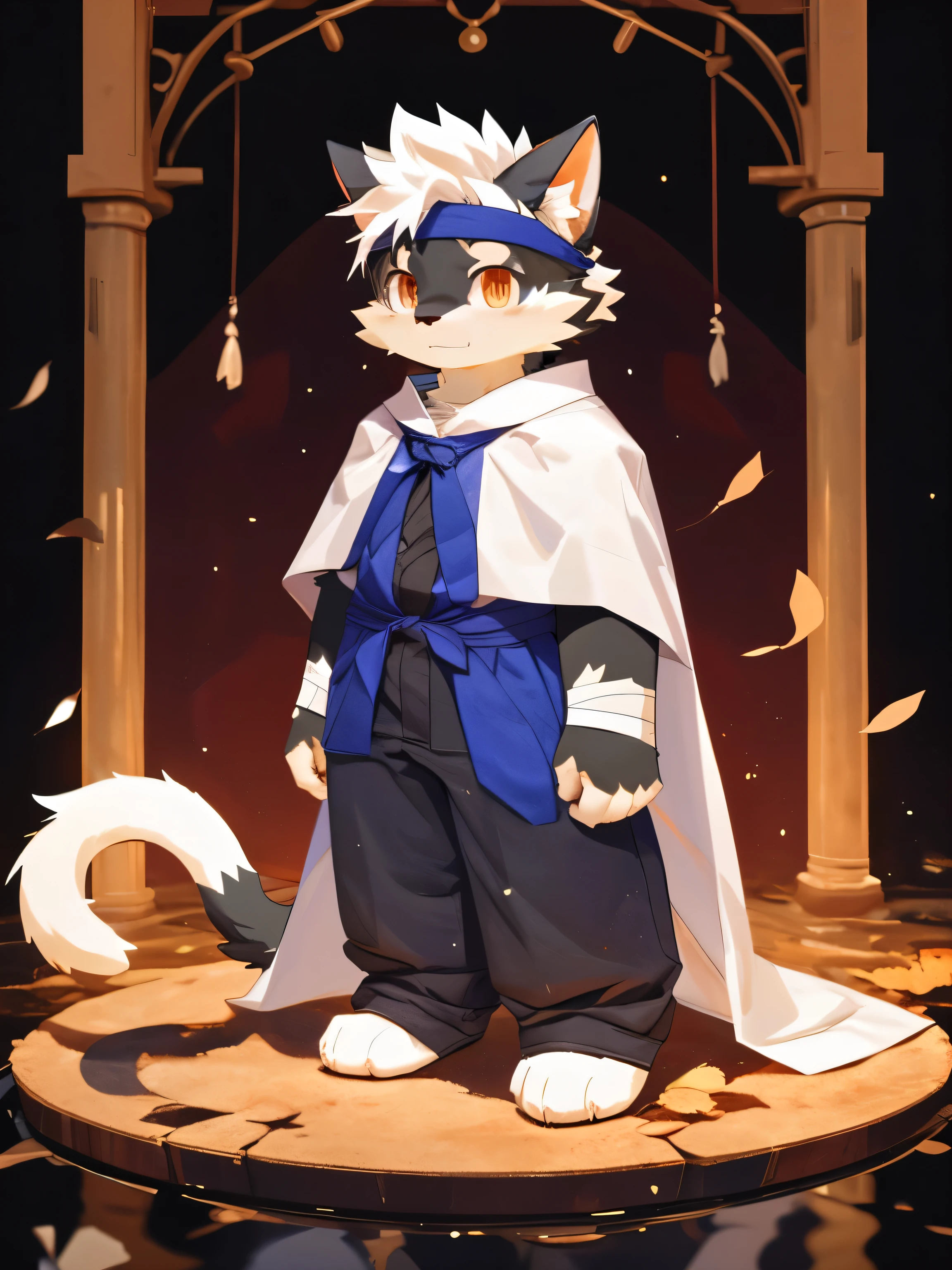 nj5furry，kemono，full-length portrait，anthro，hi res，male，White hair，Black Cat，Headband，bandage，White cape，strong，Fluffy hair，Plush paw，A tail，Delicate eyes，Detailed eyes