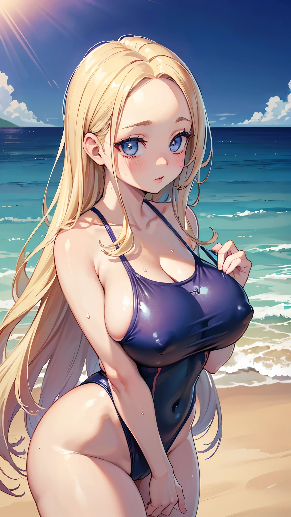 (masterpiece, 最high quality, 超High resolution, Very detailed), (Realistic:1.1, photoRealistic:1.4), Perfect illustration, Perfect lighting,Perfectly detailed hair, Perfect and exquisite face, Perfect collarbone, Perfect body,Juicy breasts, Perfect Thighs, Beautiful legs, View your audience, 1 person,Perfect Face, (Perfect Anatomy, Anatomically correct), Symmetrical face、((Shiny Hair)),Sexy Body、(masterpiece),(最high quality:1.3),8k,Very clear,(Ultra-realistic),Captivating woman,(high quality, High resolution, The finer details), Realisticなスタイルの女性,Juicy breasts、Perfect Woman、Perfect Face、Symmetrical face、、((Big breasts))、Cleavage、blush、((Juicy lips))、Cowboy Shot、(((Forehead、Blonde)))、((Big double blue eyes、Long eyelashes))、((Red Makeup))、(((Revealing swimsuit)))、(Wet Hair)、(Wet body)、(Wet swimsuit)、(((Big tits jk)))、(Dazzling Sun、Sandy Beach、Distant horizon)