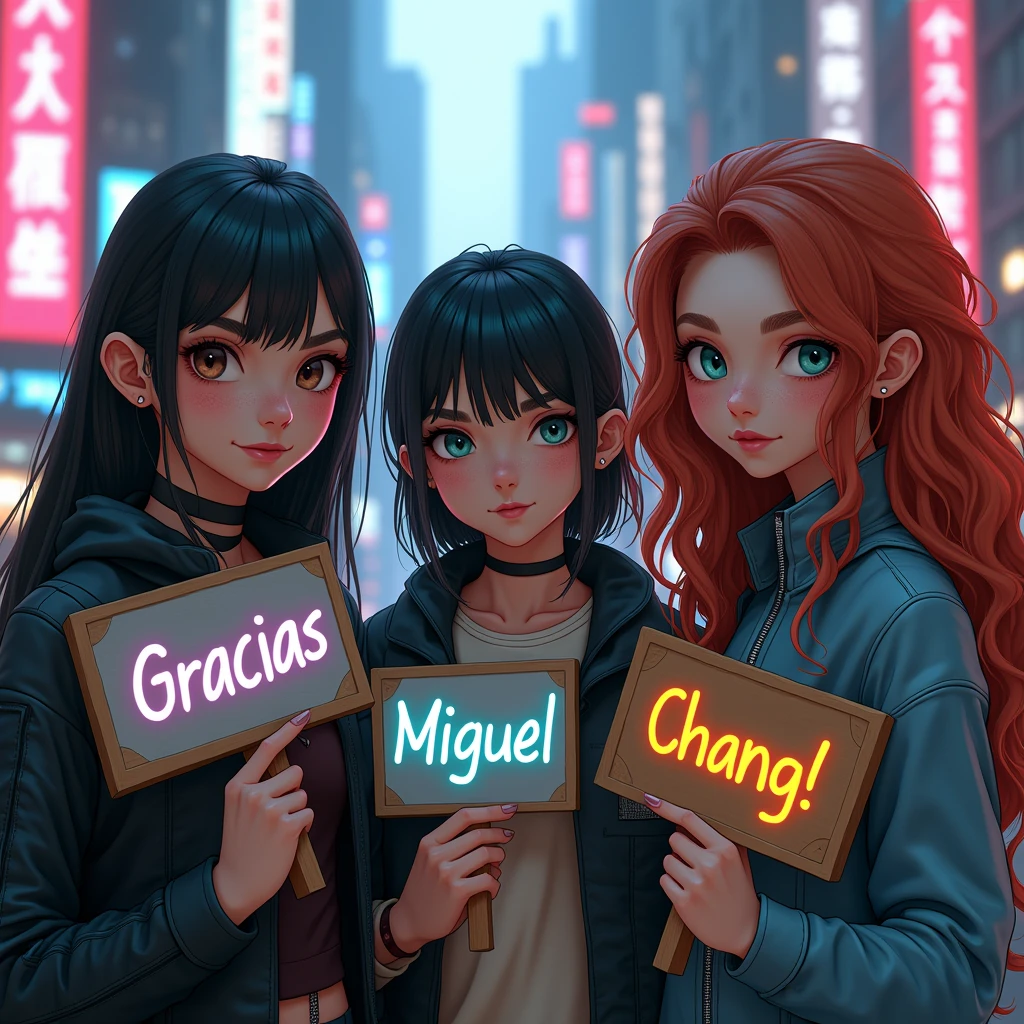 realistic photo of 3 beautiful young women, the first is a young latina with hazel eyes, freckles, long dark straight hair, holding a sign that says "Gracias", the second girl is a young white pale woman with short black hair, blue eyes and freckles, holding a sign that says "Miguel", and the third woman is a young pale white with long curly red head, green eyes, freckles, holding a sign that says "Chang! ♥", all the three are wearing futuristic clothing in a cyberpunk city in the background, realistic, cinematic
